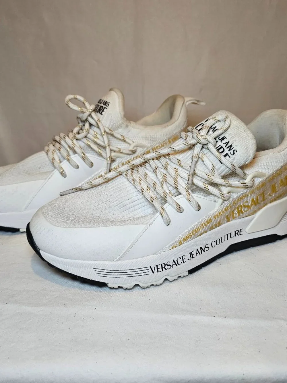 Versace Jeans Couture Dynamic Logo Sneakers White Gold Women's US 5